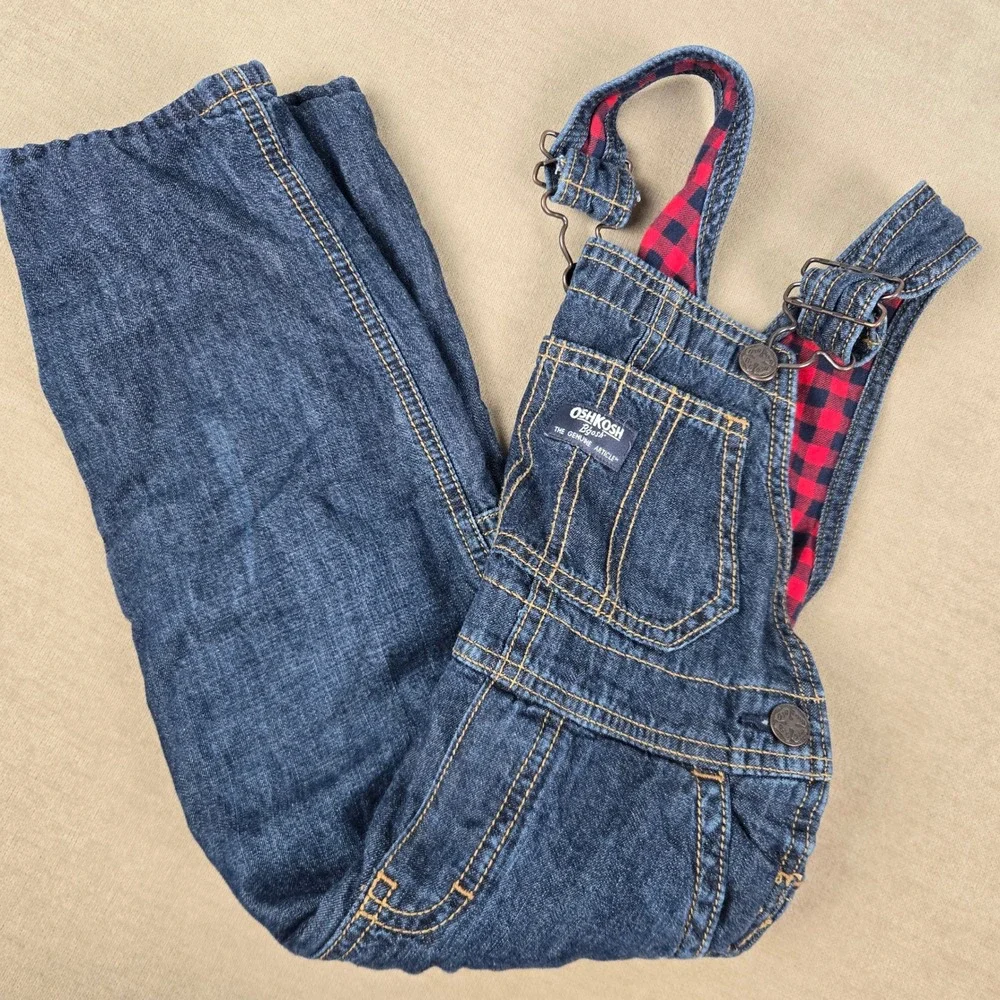 OshKosh B'gosh Toddler 3T Red Buffalo Plaid Flannel Lined Denim Overalls Dark